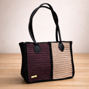 Burgundy & Beige Crochet Tote with Black Leather Handles
