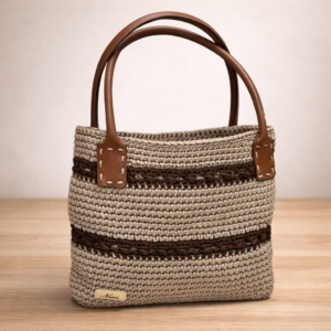 Beige & Brown Striped Crochet Tote with Leather Handles