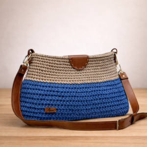 Blue & Beige Crochet Crossbody Bag with Leather Strap